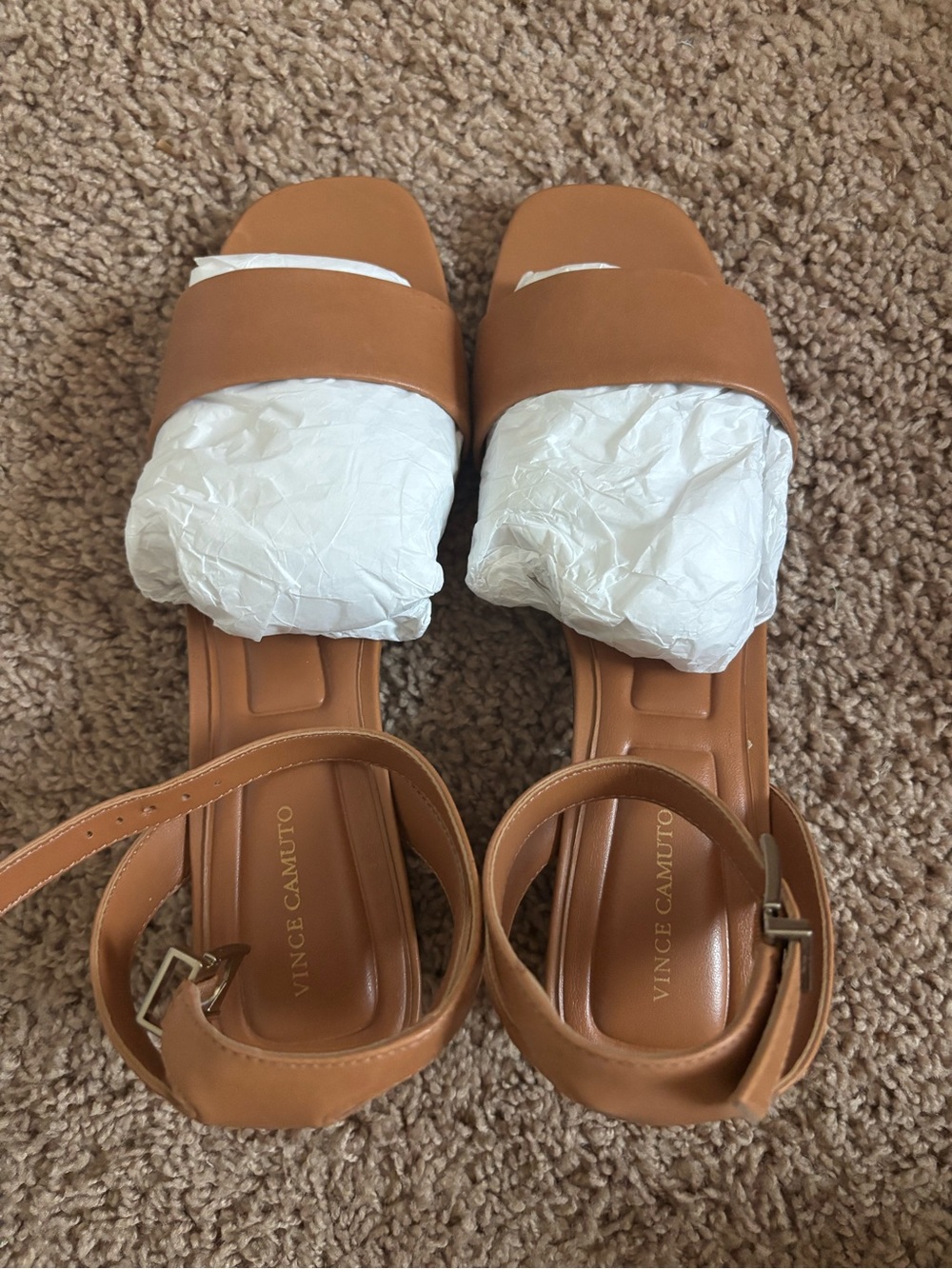 Vince Camuto Cognac Leather Square-Toe Ankle-Strap Sandals